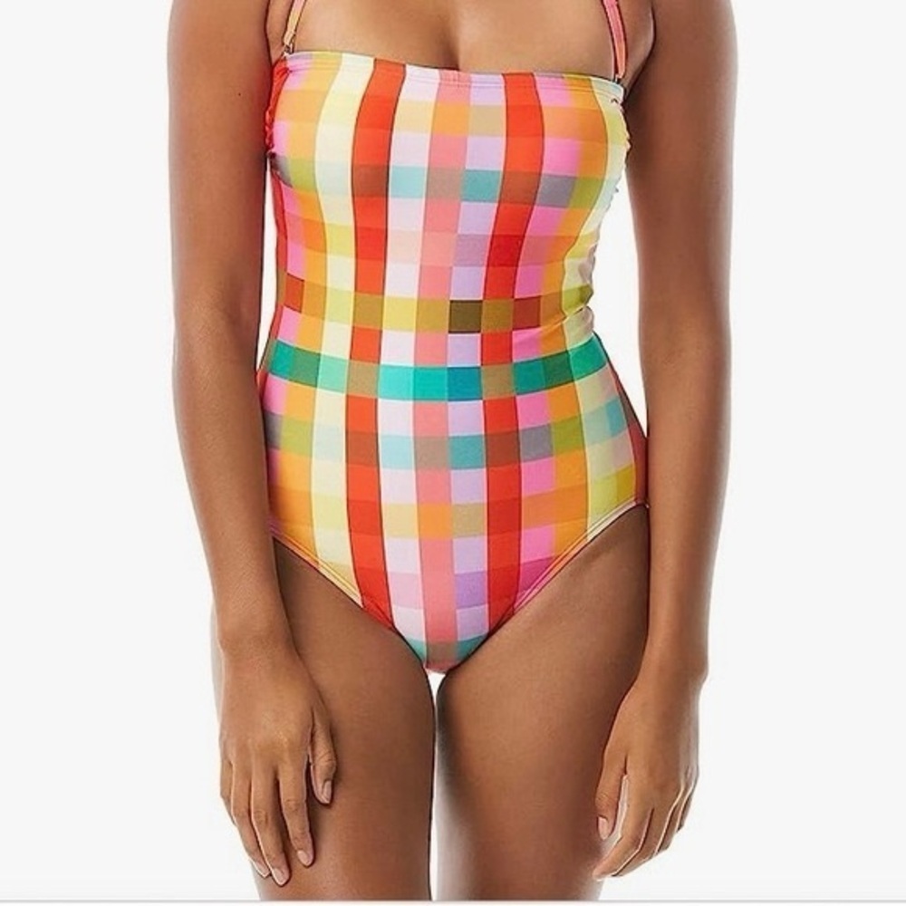 Kate Spade Sz XL Colorful Plaid Girly Feminine Bandeau One Piece Swimsuit